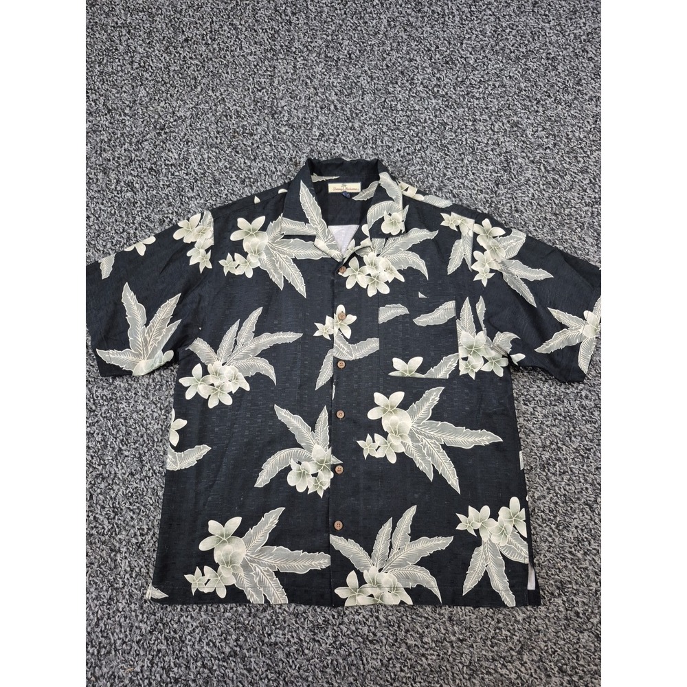 Tommy Bahama Hawaiian‎ Shirt Men's L Silk Black Tropical Print Camp Loop Collar